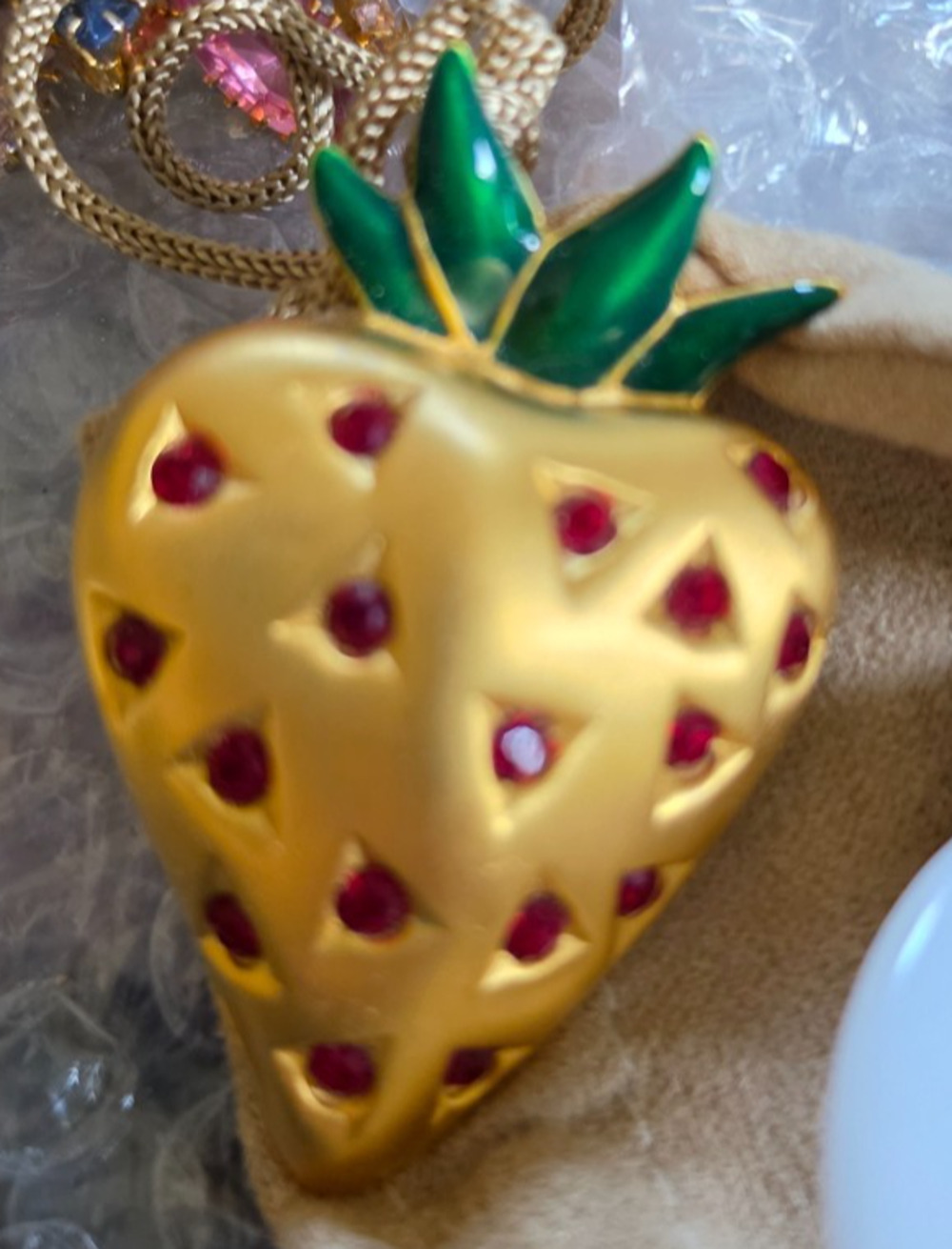 Rare Givenchy Strawberry Brooch Gold-tone Red Rhinestones Signed